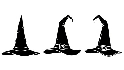 Three Black Witch Hats with Stars and Buckles on White Background