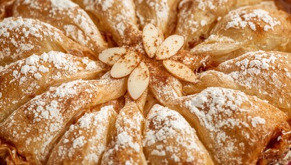 Golden puff pastry tart with powdered sugar, almond slices, and cinnamon topping closeup dessert