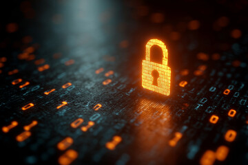 A glowing lock is on a black background with a lot of zeros