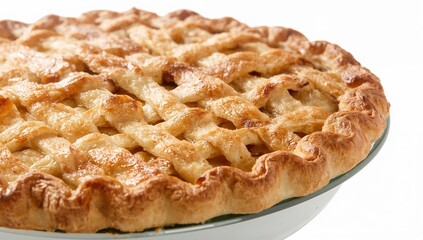 Fresh golden apple pie with lattice crust in ceramic dish  homemade dessert closeup, baked pastry, rustic, delicious, holiday treat, comfort food