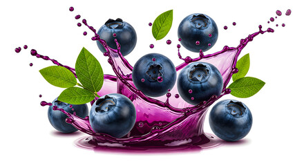 Fresh blueberries splashing in a vibrant purple liquid with green leaves surrounding them