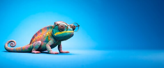 Full-body colorful chameleon wearing eyeglasses on a blue background with copy space, creative and playful concept symbolizing intelligence, adaptability, vision, and learning.