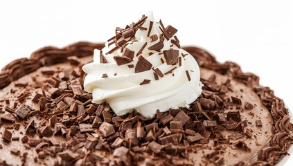 Chocolate cream pie with whipped cream and chocolate shavings on top, closeup dessert background, sweet bakery treat