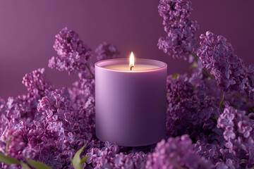 aromatic purple candle burning against a background of lilacs