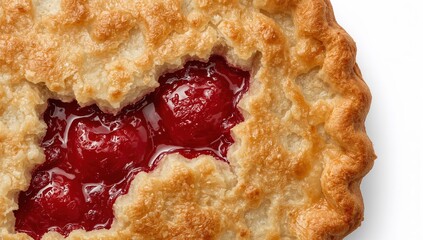 Golden crust cherry pie closeup with juicy red filling and flaky layers on white background