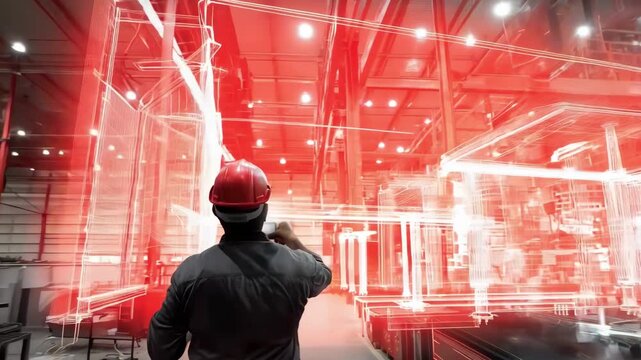 Medium shot of a digital twin model inspecting factory millwork installations highlighting precise virtual quality control and realtime adjustments on industrial equipment.