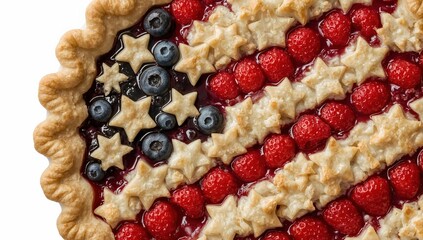 Patriotic berry pie with blueberries and strawberries decorated in american flag design for fourth of july celebration