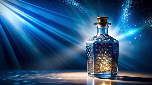 A magical bottle filled with a blue potion and sparkling star glitter. Fantasy elixir on a reflective surface with celestial light beams. Luxury cosmetic and alchemy concept with copy space