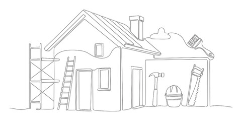 Minimalist Home Renovation and House Upgrade Continuous Line Art Illustration, Single Line Drawing of Home Improvement Concept on White Background