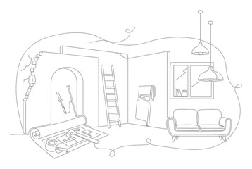 Minimalist Home Renovation and House Upgrade Continuous Line Art Illustration, Single Line Drawing of Home Improvement Concept on White Background