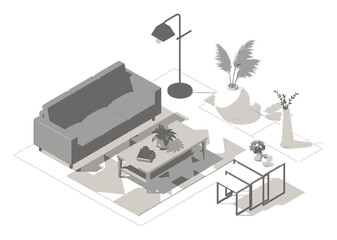 Modern Isometric Furniture and Home Decor Vector Illustration, 3D Geometric Interior Design Elements on White Background