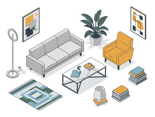 Modern Isometric Furniture and Home Decor Vector Illustration, 3D Geometric Interior Design Elements on White Background
