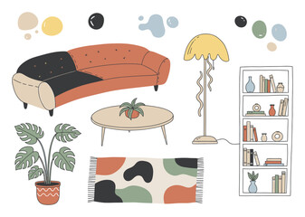 Hand-Drawn Vector Illustration of Modern Furniture and Home Decor, Playful Organic Shapes, Sketch-Like Interior Design Elements on White Background