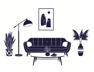 Modern Duotone Furniture and Home Decor Vector Illustration, Minimalist High Contrast Two-Color Interior Design on White Background