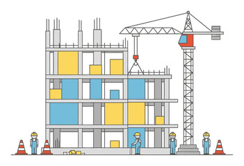 Minimalist construction site building illustration, flat vector design with simple geometric shapes on white background
