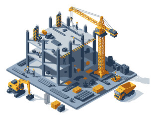 Isometric 3D Construction Site Vector Illustration, Modern Building Architecture in Progress, Geometric Design Isolated on White Background