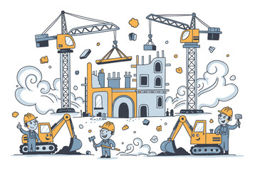 Hand-drawn construction building site vector illustration, playful sketch-like architecture with organic shapes isolated on white background