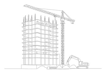 Construction Building Site Continuous Line Art Illustration, Minimalist Single Line Drawing of Architecture and Cranes on White Background