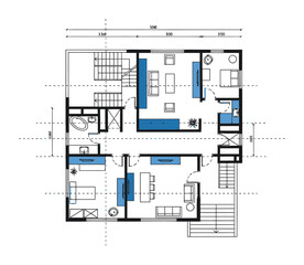 Architectural Floor Plan Blueprint, Minimalist Flat Vector Illustration with Clean Lines and Geometric Shapes