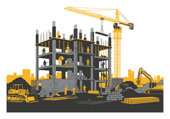 Modern Duotone Vector Illustration of a Construction Building Site with Scaffolding and Cranes