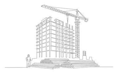 Construction Building Site Continuous Line Art Illustration, Minimalist Single Line Drawing of Architecture and Cranes on White Background
