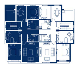 Modern Architecture Blueprint Plan Vector Illustration, Duotone Design for Construction and House Planning on White Background