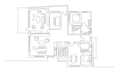 Modern Architecture Blueprint Plan Single Line Drawing Minimalist House Design Illustration Continuous Line Art