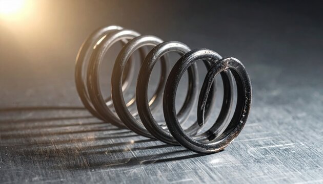 Photorealistic close-up of a tightly coiled steel spring overloading and bending under intense pressure and spotlighting.