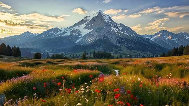 Scenic mountain landscape with a vibrant wildflower meadow. Snow-capped peak illuminated by a golden sunset in spring. Animated nature background with a slow zoom out