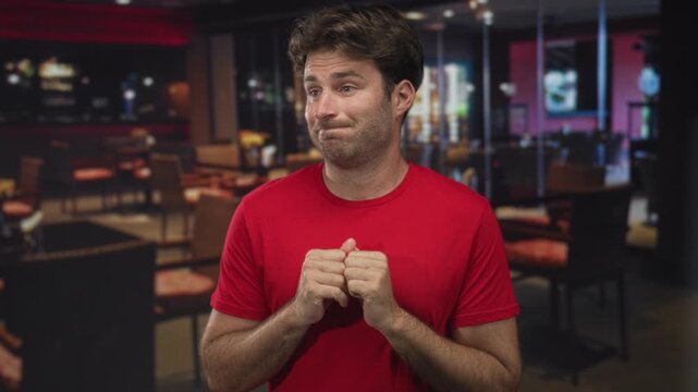 Man with fingertips touching and awkward smile in building restaurant interior; nervousness hesitation uncertainty.