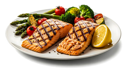Grilled salmon fillets served with steamed vegetables and lemon slices on a white plate