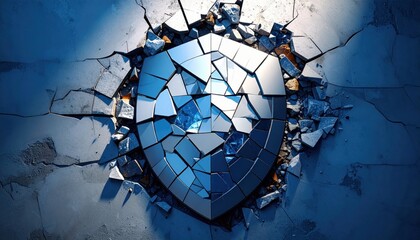 A metallic mosaic shield constructed from fragmented blue shards, reflecting light and representing broken defense.