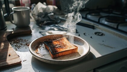 Burnt toast on a chipped ceramic plate with smoke rising, a photorealistic scene of a culinary mishap in the early morning.