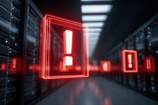 A red box with an exclamation point on it is lit up in a dark room - Powered by Adobe