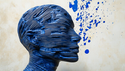 Blue human head profile formed by fingerprint ridges. Abstract art conveys identity, privacy, and digital security concepts with