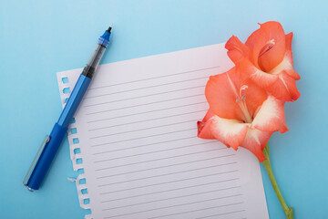 Flat lay orange gladiolus flower with pen and blank lined white ripped torn sheet of notebook paper on vibrant blue surface background