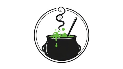 Witch's Cauldron Bubbling Green Potion with Swirling Smoke and Stirring Stick