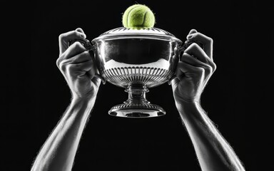 Person holding a trophy cup with a tennis ball on top in a victorious gesture
