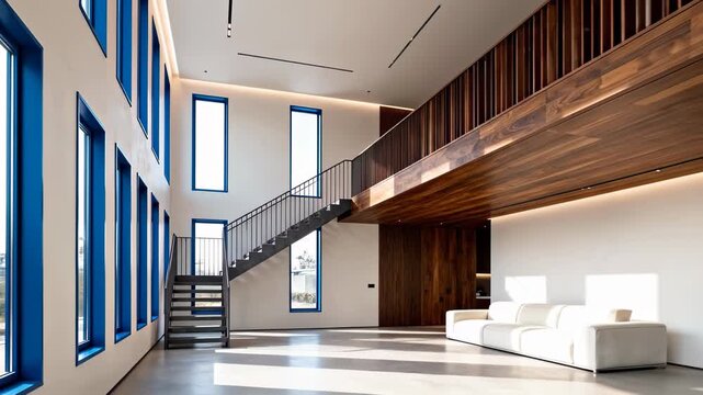Sunlit modern home interior with a white sofa, wooden mezzanine, metal staircase, and tall windows with blue frames