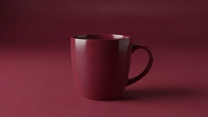 A dark red coffee mug on a matching red background with subtle shadows