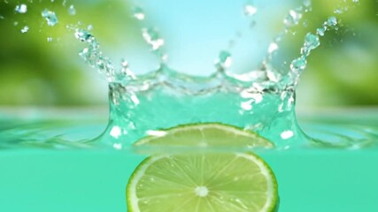 Refreshing lime slice creating a splash in cool water with natural background - Powered by Adobe