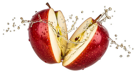 Crisp red apple halves bursting with refreshing splash
