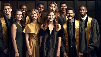 A diverse group of smiling graduates posing for a formal portrait. Young multi-ethnic students celebrating their academic achievement. Education and success concept - Powered by Adobe