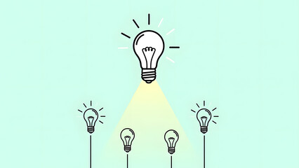 Creative business leadership and innovation concept with a large glowing lightbulb standing out from a group of smaller bulbs symbolizing strategy success and startup growth