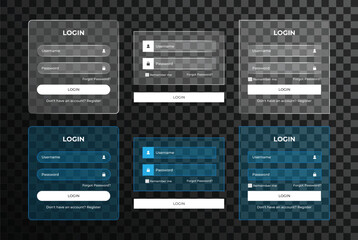 Glassmorphism login form UI set with transparent panels, username and password fields, modern authentication screens for web and mobile apps.
