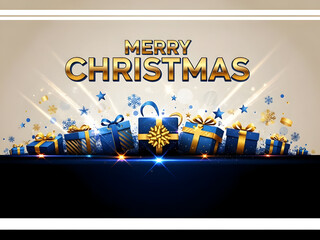 A merry christmas greeting card with gifts and festive decorations digitally