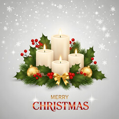 Merry christmas wishes with festive candles and holly decorations