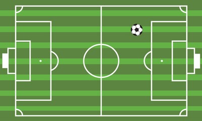 Aerial view vector illustration of a striped green soccer football pitch with white lines, goals, and a ball, symbolizing competitive sports, strategy, and championship success.