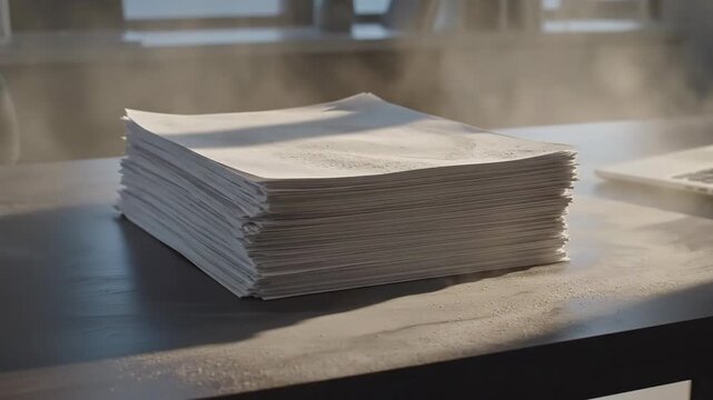 Delicate powder falls on a stack of office papers creating a visually striking, atmospheric scene