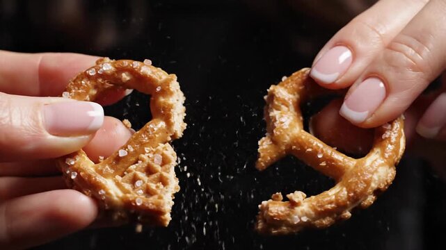 Delicate hands breaking a salty pretzel with crystal salt falling down in slow motion